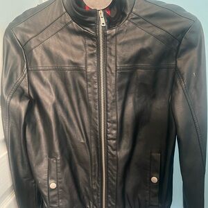 Guess Men's Black Leather Bomber Jacket